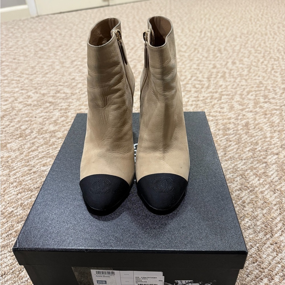 CHANEL Black and Cream Ankle Boots